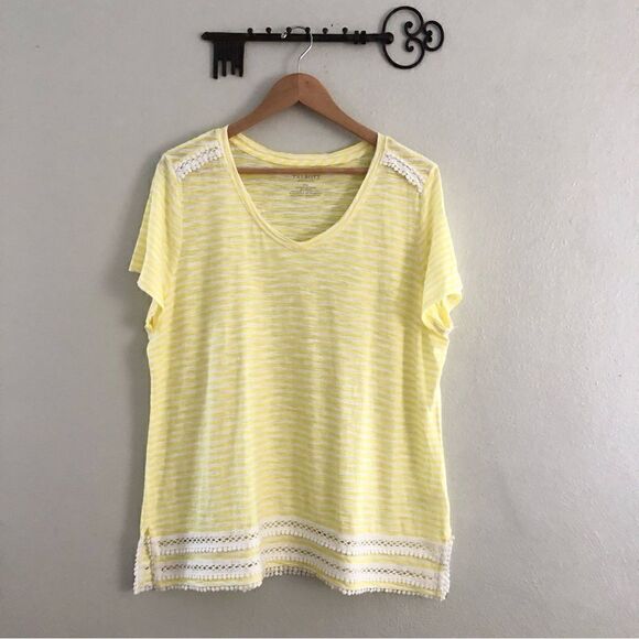 Talbots cotton blend yellow and white striped lattice lace V neck 2X tee shirt - Picture 1 of 7